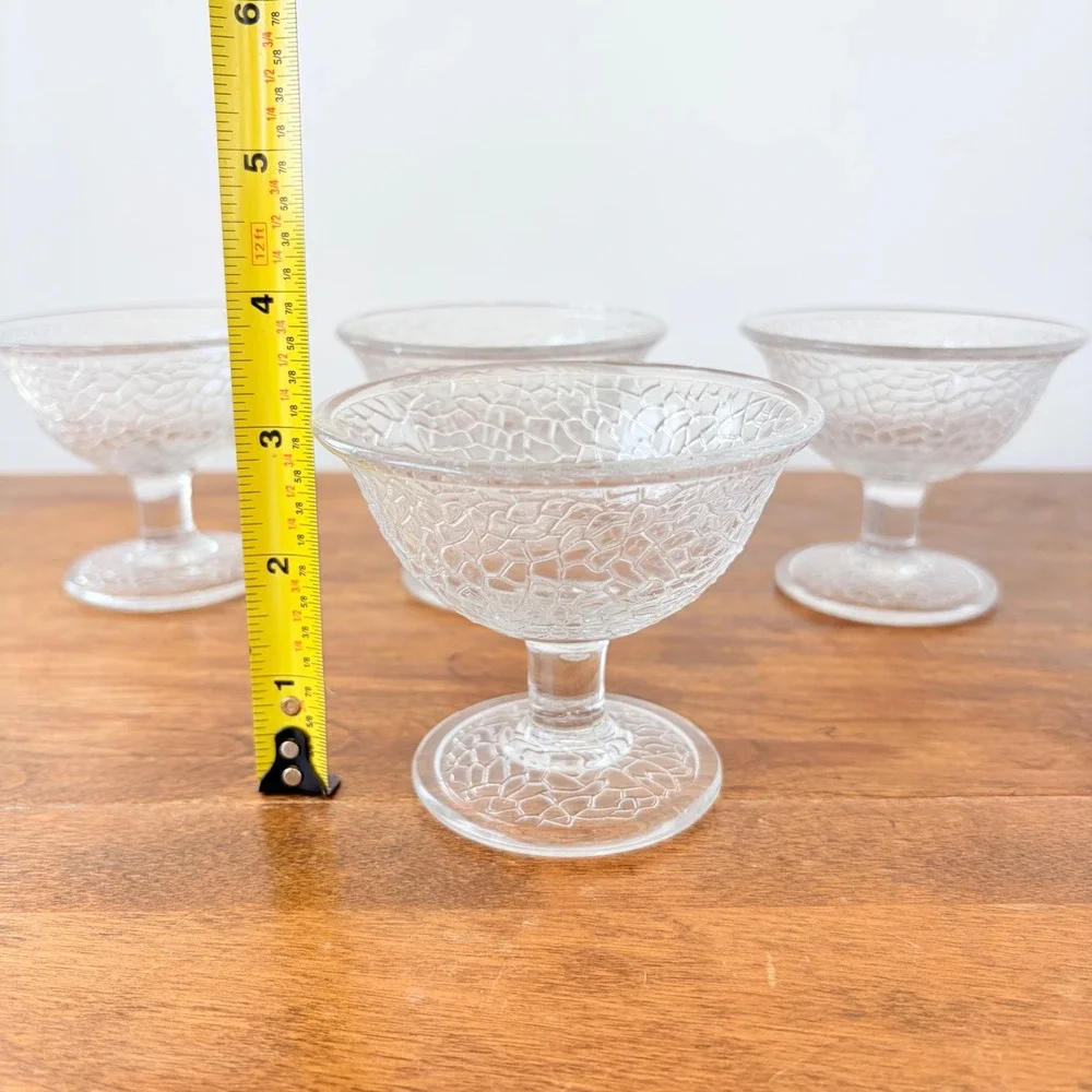 Vintage Clear Crackle Glass Dessert Bowls Set of 4 Stemmed Ice Cream Cups 4in